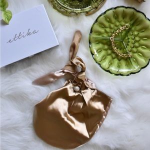 Ettika Bow Silk Clutch Bag Two Tone Tan with Crystal Ball Charm